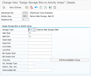 Screenshot of assignment of Storage Bins to Activity Areas in SAP S4 HANA EWM